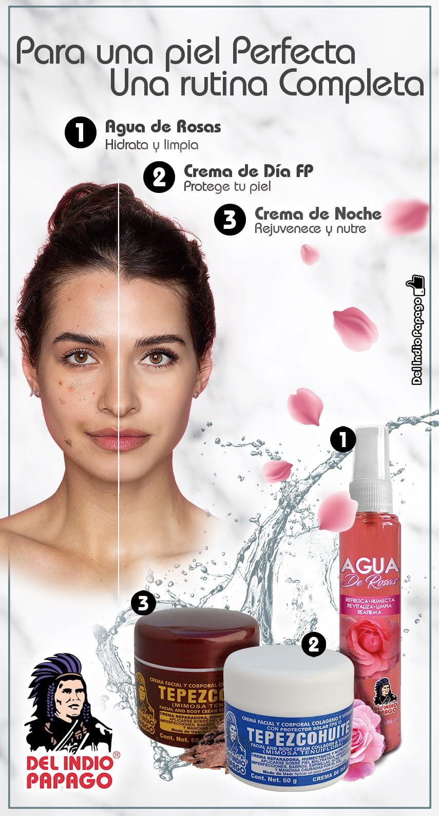 Del Indio Papago Facial Day and Night Cream Bundle includes a rose water spray - Both Tepezcohuite 60g / 2.Fl Oz (3-pack)