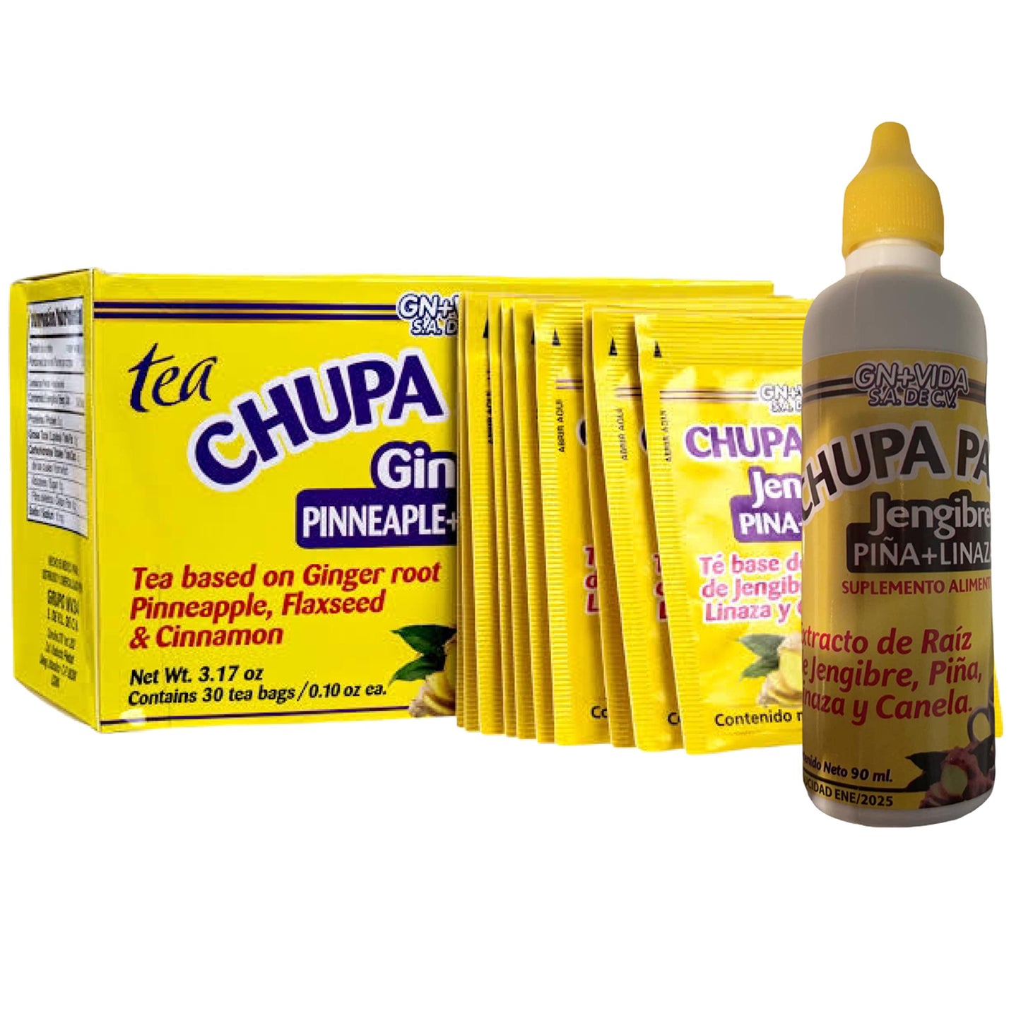 Set 2x1 - Tea CHUPA Grass & Panza + Drops Chupa Grasa Extract, Tea Based ONGINGER Root, PINNEAPPLE, Flaxseed & Cinnamon (30 Tea Bags/0.10 oz Each + 90ml Drops)