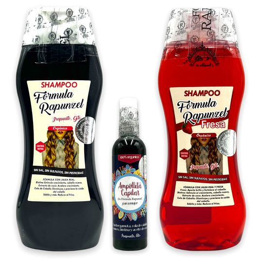 New Curves Kit - 3 in 1 Formula Rapunzel Bundle | r Herbal Shampoo (16.9oz) + Ampolleta Capilar + Strawberry Shampoo (16.9oz)